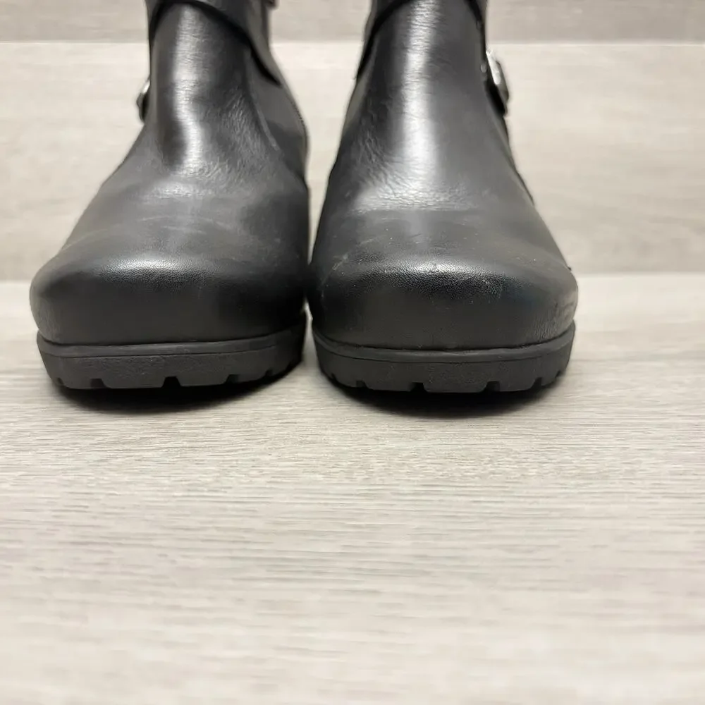 Abeo Wedge Booties Black Leather Buckle Comfort Side Zip Ankle Boots Size 10.5M